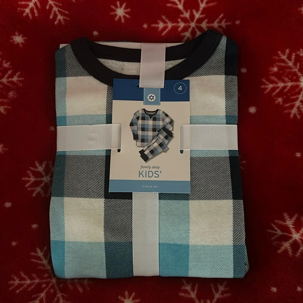 Hanukkah PJ Set blue and white Plaid Size 4